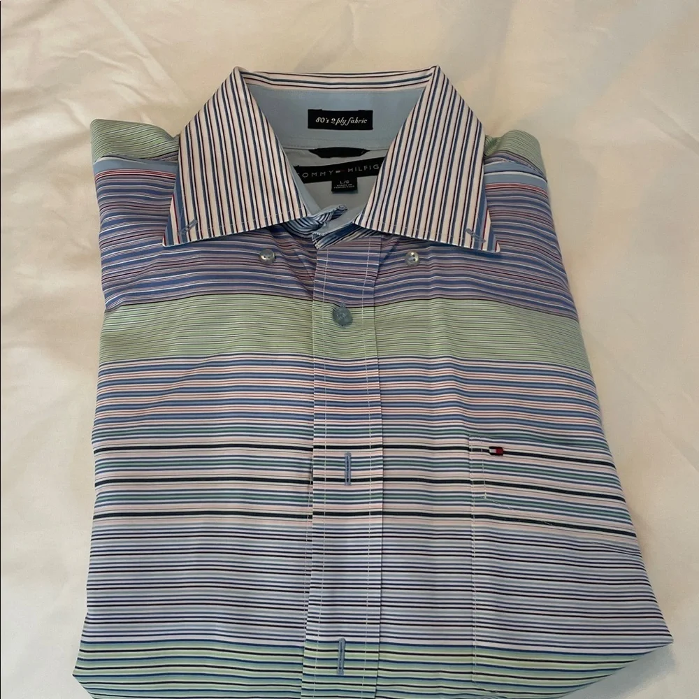 Tommy Hilfiger Men's Blue and Green Striped Dress Shirt